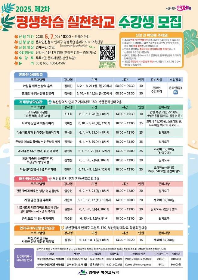 [부산=뉴시스] 부산 연제구는 6월2일부터 '2025년 제2차 평생학습 실천학교' 프로그램을 운영한다. 접수는 7일 오전 10시부터 가능하다. (사진=연제구 제공) 2025.05.02. photo@newsis.com *재판매 및 DB 금지