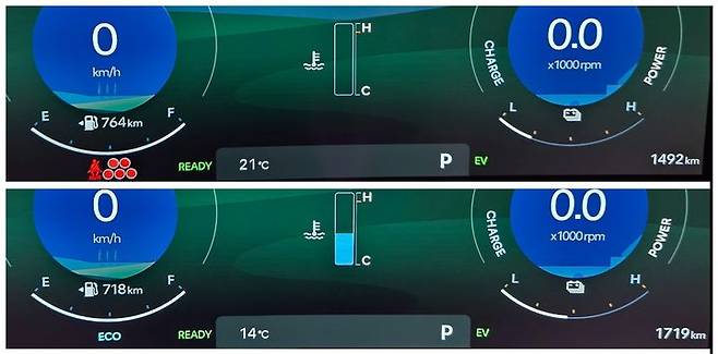 [서울=뉴시스] 주행 전과 후를 기록한 디 올 뉴 펠리세이드 하이브리드 계기판. parkhj@newsis.com *재판매 및 DB 금지