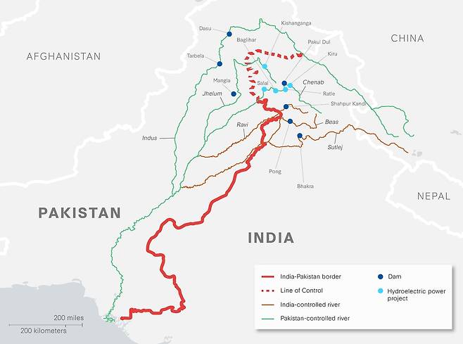 인도-파키스탄 국경과 강 흐름도 미국 싱크탱크 전략국제문제연구소(CSIS) 홈페이지 캡처. 재판매 및 DB 금지]