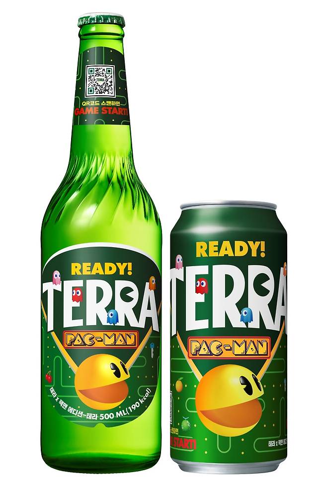 테라X팩맨 500ml병, 453ml캔 제품 이미지.(하이트진로 제공)