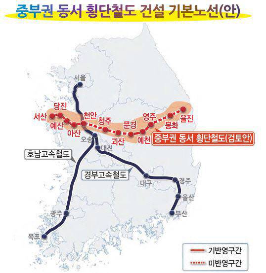 중부권 동서횡단철도 건설 기본노선(안)