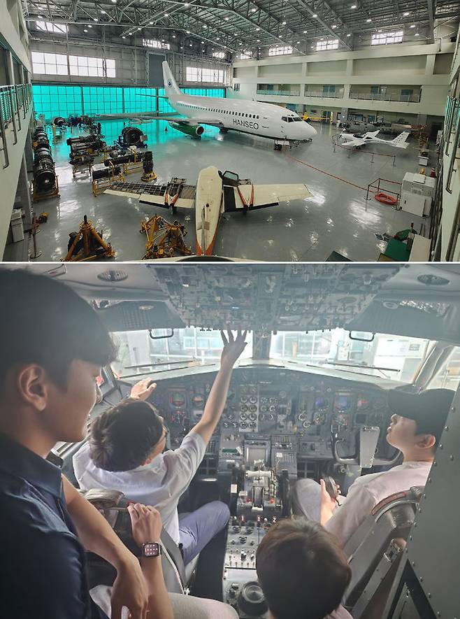 충남 태안군 소재 한서대 태안캠퍼스 항공기술교육센터 격납고 실습실에서 교육시설로 활용되는 B737-200 항공기(위쪽 사진). 이 항공기 조종석에서 학생들이 계기판과 조종 및 유압 장치 등을 점검하는 수업을 받고 있다. 항공 정비사는 조종석 기능과 장치를 완벽하게 알고 다룰 줄 알아야 한다. 한서대 제공