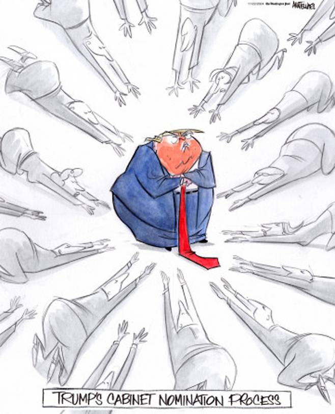 텔네이스가 WP 재직 당시 그렸던 만평. 역시 모든 이가 트럼프 대통령에게 아부한다는 점을 꼬집고 있다. 사진 출처 텔네이스 서브스택