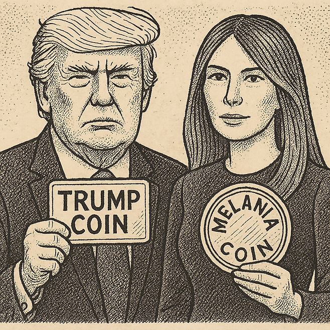 도널드 트럼프 미국 대통령 일가가 발행한 트럼프·멜라니아 밈코인이 내부자 거래 의혹에 휩싸였다. 이미지=챗GPT 이미지젠 생성