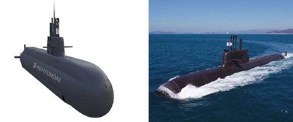 왼쪽부터 HD현대중공업의 캐나다 맞춤형 잠수함 모델 KSS-III CA, 한화오션이 건조한 장보고-III 잠수함. [사진=각 사]