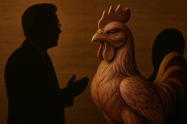 이재명 더불어민주당 대선 후보가 자신의 핵심PI로 설정한 '목계지덕(木鷄之德)'을 챗GPT를 통해 형상화한 이미지. '나무로 만든 닭의 덕'이라는 뜻의 목계지덕은 장자 달성편에 나오는 이야기로, 완전히 자신의 감정을 제어할 줄 아는 능력을 의미한다.