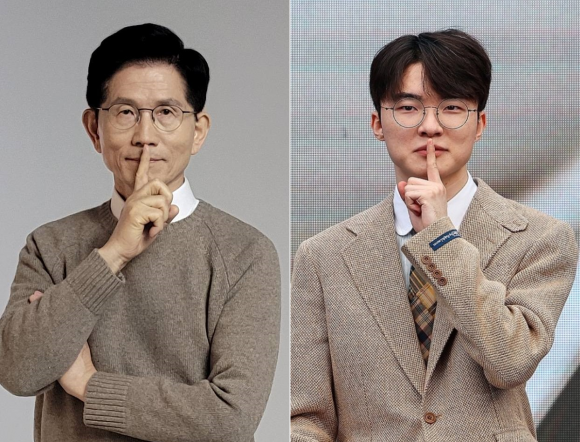 김문수(왼쪽) 국민의힘 대선 후보가 최근 공식 홍보물에서 e스포츠계 슈퍼스타 ‘페이커’ 이상혁(오른쪽)의 시그니처 포즈를 따라했다. 페이커의 소속 구단 T1 측은 “게시글 삭제 등 조치를 취하기 위해 노력 중”이라는 입장을 내놨다. 김 후보 페이사북 캡처·연합뉴스 자료 사진
