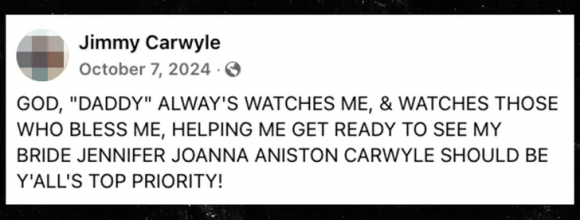 제니퍼 애니스턴의 로스앤젤레스(LA) 벨에어 저택 정문을 차량으로 들이받은 용의자가 지난해 10월 작성한 소셜미디어(SNS) 게시물. 애니스턴을 “나의 신부”라고 지창한 내용이 담겼다. 지미 웨인 카와일 SNS 캡처