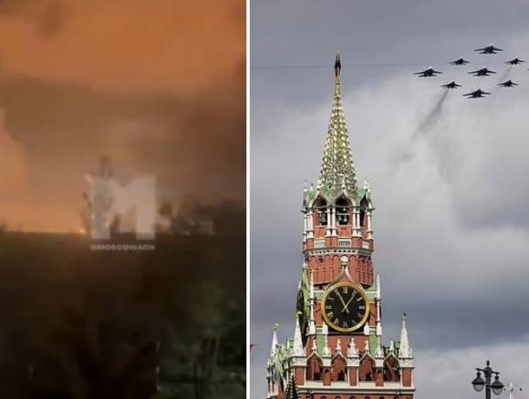 왼쪽은 현지시간으로 6일 새벽 우크라이나군이 러시아 수도 모스크바를 향해 대규모 드론 공습을 가하면서 화재가 발생한 모습, 오른쪽은 지난 5일 전승절 기념 군사 퍼레이드 훈련이 진행된 모스크바의 모습. AP 연합뉴스