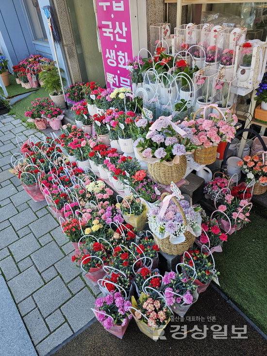 ▲ 어버이날을 하루 앞둔 7일 울산의 한 꽃집 앞에 차려진 카네이션 판매대.