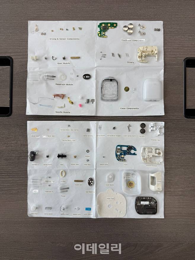 인슐렛 옴니팟(위)과 이오플로우 이오패치3 프로토타입(아래)의 분해모습(사진=이데일리 임정요 기자)
