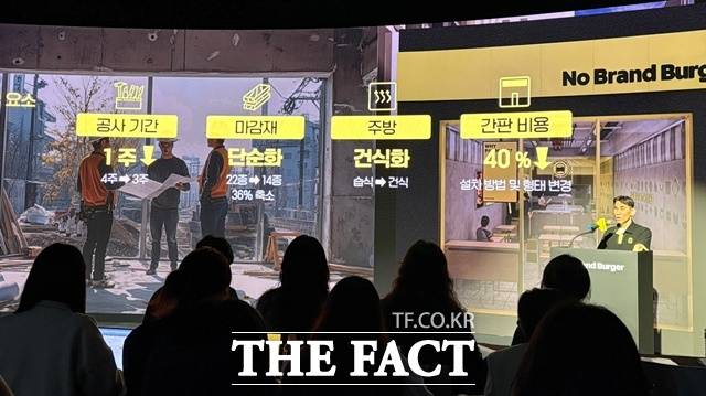 김규식 노브랜드 버거 프랜차이즈 담당(오른쪽)은 공사기간 단축, 마감재 단순화, 주방 건식화, 간판 비용 등을 통해 '콤팩트 매장'의 비용을 낮췄다고 말했다. /문화영 기자