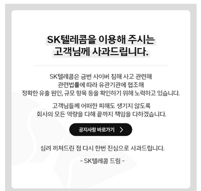 사이버 침해 사고에 따른 SKT 사과문.SKT 홈페이지 캡처