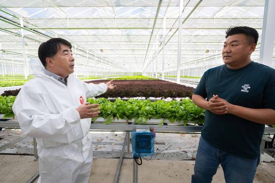 한상태 H&A 대표(오른쪽)가 NH농협은행 백남성 부행장과 샐러드 채소를 자동재배하는 스마트 팜 설비 앞에서 농업 금융 지원 방안에 대해 이야기를 나누고 있다. [사진 NH농협은행]