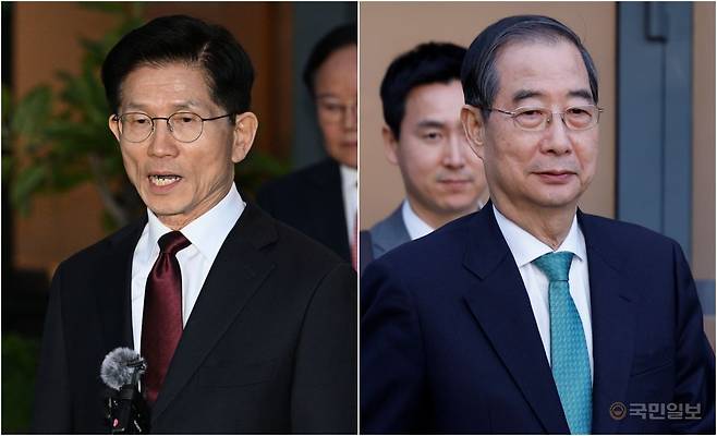 김문수 국민의힘 대선 후보와 한덕수 무소속 대선 예비후보가 7일 서울 종로구의 한 식당에서 단독 회동을 마친 후 각각 식당을 나서는 모습. 이병주 기자
