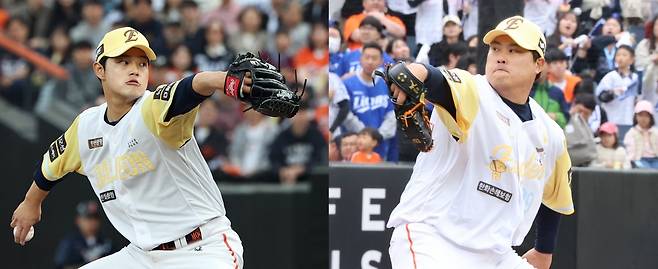 한화 이글스 문동주(왼쪽)와 류현진. 연합뉴스