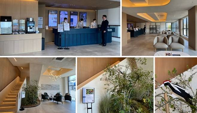 홈 마리나 속초 2층 프론트 공간과 1층 라운지 / 사진=홍지연 여행+ 기자