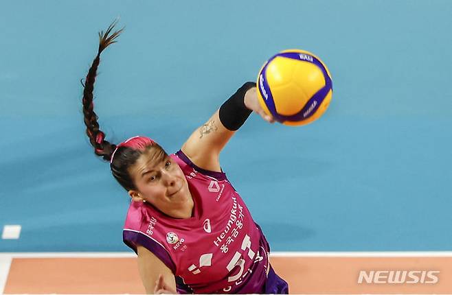 [인천=뉴시스] 정병혁 기자 = 지난해 4월1일 인천 부평구 인천삼산월드체육관에서 열린 프로배구 V-리그 여자부 2023-2024 챔피언결정전 3차전 흥국생명 핑크스파이더스와 현대건설 힐스테이트의 경기, 흥국생명 윌로우가 스파이크를 하고 있다. 2024.04.01. jhope@newsis.com