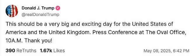 도널드 트럼프 미국 대통령 SNS 게시글 캡처