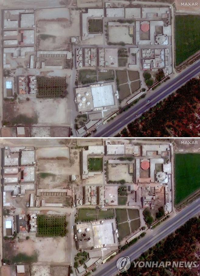 인도·파키스탄 무력 충돌 인도의 미사일 공격 전후 파키스탄 펀자브주 바하왈푸르 인근 자미아 마스지드 수브한 알라 사원을 비교한 위성 사진. 위 사진은 미사일 공격 전인 지난 2일에 찍은 것이며 아래 사진은 지난 7일에 찍은 것.
[AFP 연합뉴스 자료사진. 재판매 및 DB 금지]