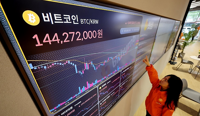 비트코인이 10만 달러선을 회복한 9일 서울 서초구 빗썸라운지 강남본점 전광판에 실시간 비트코인 가격이 표시되고 있다. ⓒ연합뉴스