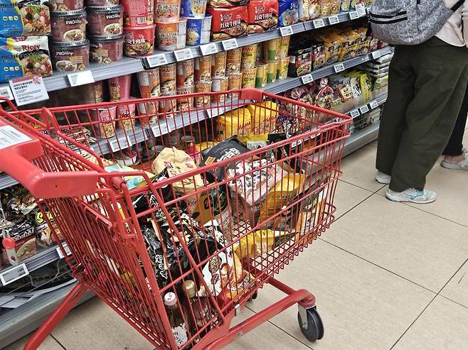 지난 5일 롯데마트 제타플렉스 서울역점 과자 코너 앞에 외국인 관광객의 카트 안에 과자 상품이 가득 담겨 있다. 사진=이정화 기자