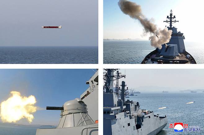 김정은 조선노동당 총비서 겸 국무위원장이 지난달 25일 진수식을 치른 북한 최초의 5000t급 “새세대 다목적 공격형 구축함 제1호”(최현호)의 시험사격을 참관하며 “해군의 핵무장화 가속화”를 주문했다고 지난 30일달 노동신문이 보도했다. 조선중앙통신 연합뉴스