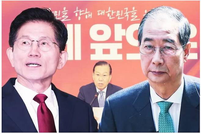 김문수 국민의힘 대통령 후보와 한덕수 무소속 대통령 후보. 한겨레 자료사진