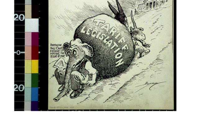 1929년 스무트-홀리법을 풍자한 만평. 코끼리(공화당)가 법안을 언덕 위에 있는 백악관까지 밀어올리려 애쓰고 있지만, 당나귀(민주당)와 뿔이 하나인 염소(공화당 내 반대파)가 이를 저지하고 있다 스무트-홀리법은 결국 이듬해 6월 발효된다. 미국 의회도서관