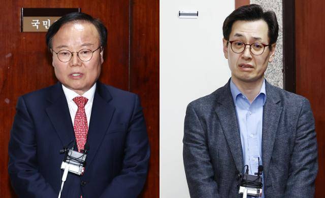 김문수 국민의힘 대선 후보 대리인인 김재원(왼쪽) 비서실장과 한덕수 전 국무총리 대리인인 손영택 전 국무총리 비서실장이 9일 국회에서 열린 단일화 협상 관련 회동을 마치고 각각 브리핑을 하고 있다. 뉴스1