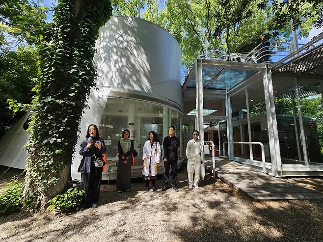 From left: Curator Chung Da-hyoung and architects Lee Dammy, Young Ye-na, Kim Hyun-jong and Park Hee-chan speak at the opening of the Korean Pavilion in the Giardini as part of the Venice Biennale 2025.   (Park Yuna/The Korea Herald)