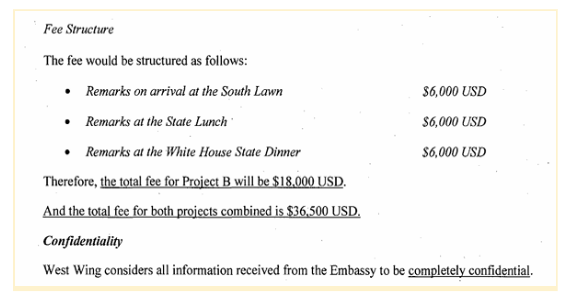 2011년 9월 주미한국대사관과 WWW가 주고받은 계약 내용 중 일부. WWW가 책정한 서비스 비용이 적혀 있다. 문서 하단에 비밀을 지켜달라는 내용도 눈에 띈다.&nbsp;