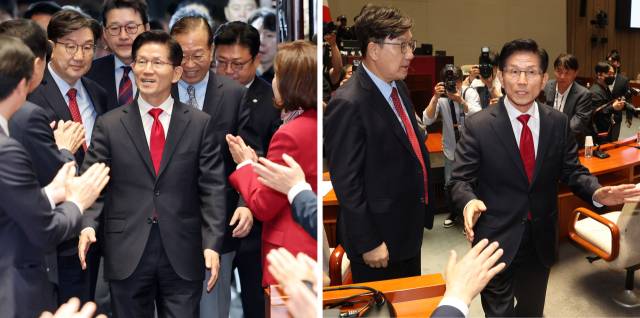 ▲국민의힘 김문수 대선 후보가 9일 서울 여의도 국회에서 열린 의원총회에 기립박수를 받으며 참석하고 있다(왼쪽 사진). 이후 권영세 비상대책위원장과 '후보 단일화' 문제를 두고 충돌한 뒤 도중에 퇴장하고 있다(오른쪽 사진). ⓒ연합뉴스