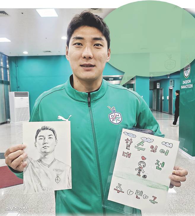 대전 주민규가 지난 2일 대전월드컵경기장에서 기자와 만나 어린이 팬들이 자신에게 선물한 그림을 보여주고 있다. 대전 | 황민국 기자