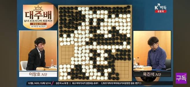 이창호 9단과 목진석 9단의 대국이 끝난 후 계가한 결과 반면으로는 흑백 각각 18집으로 집계됐다. 이중 흑의 집 6집반을 제해야 하므로 백의 6집반승이다.(사진 K바둑 캡처)