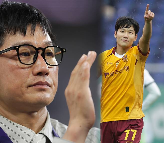 최근 경기장 위 행동으로 화제가 된 이정효 광주 감독(왼쪽)과 오후성. 사진=프로축구연맹
