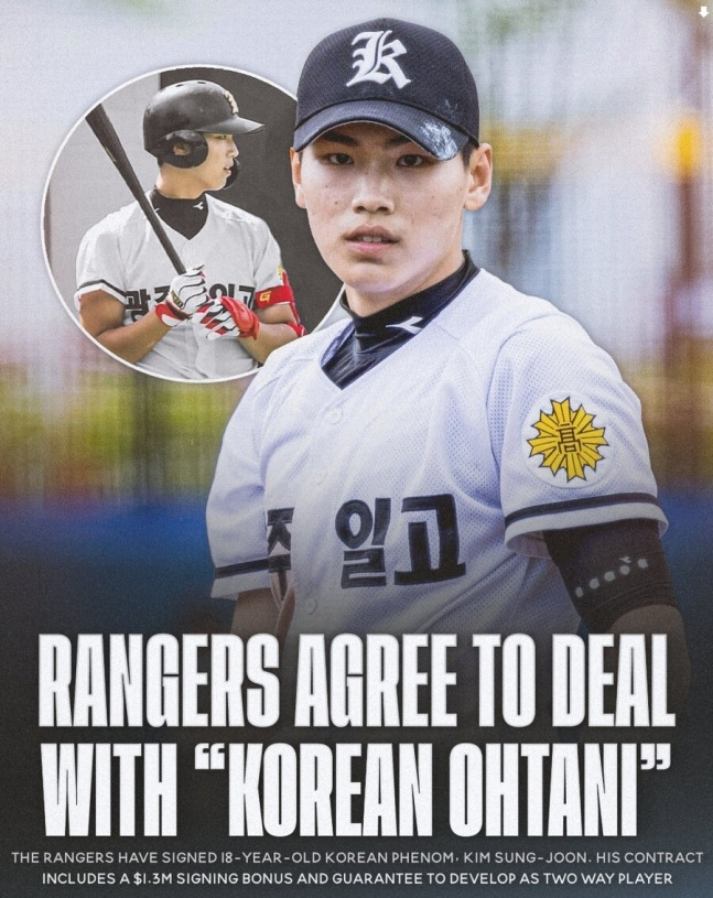 광주일고의 투수 겸 내야수 김성준이 텍사스 레인저스와 계약을 맺었다는 현지 보도가나왔다. 사진=레인저스 네이션 SNS 캡처