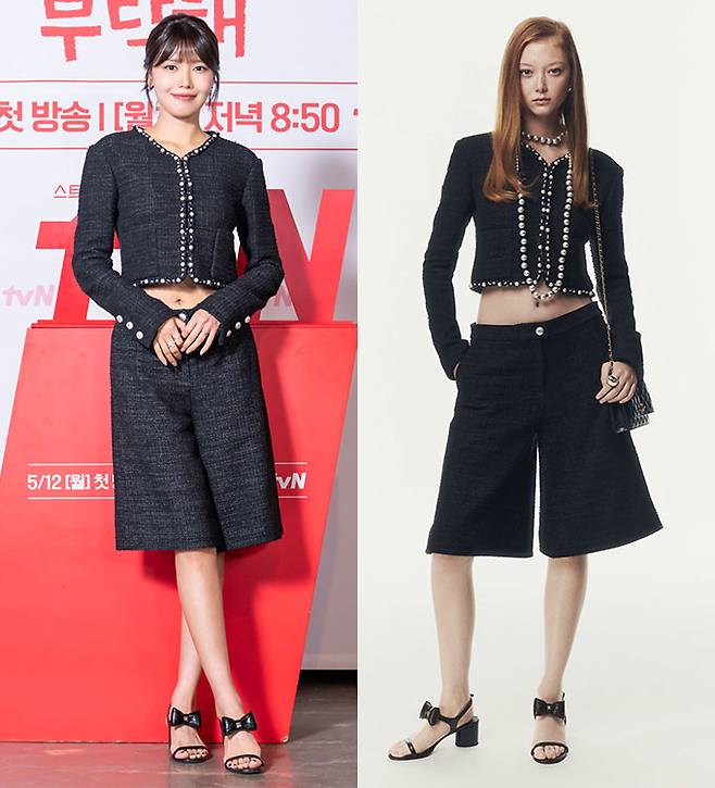 그룹 소녀시대 출신 배우 최수영이 개미허리를 강조한 패션을 선보였다. /사진=CJ ENM, 샤넬(CHANEL)