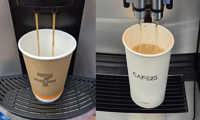 세븐일레븐 자체 브랜드(PB) 상품 ‘세븐카페’의 아메리카노 라지 사이즈(왼쪽)와 GS25 ‘카페25’의 라지 사이즈 아메리카노. 김동환 기자