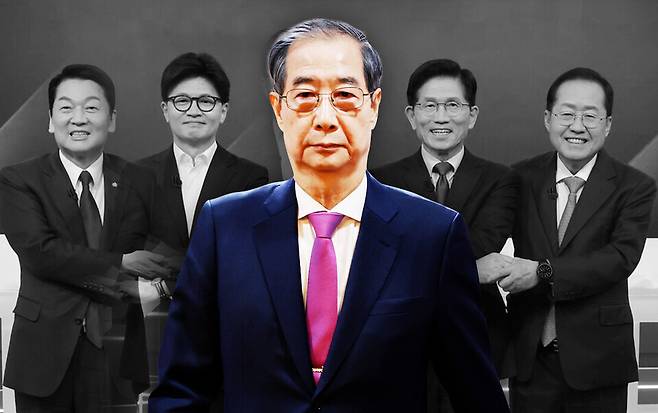 사진 왼쪽부터 안철수 국민의힘 의원, 한동훈 전 국민의힘 대표, 한덕수 대선 후보, 김문수 대선 후보, 홍준표 전 대구시장 ⓒ연합뉴스