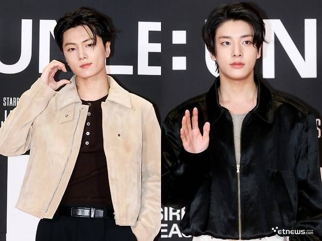 11일 서울 강남구 메가박스 코엑스에서는 엔하이픈 미니 6집 'DESIRE : UNLEASH'(디자이어 : 언리시) 콘셉트 시네마 상영회가 열렸다. (왼쪽부터) 제이, 제이크가 포토타임에 응하고 있다.(사진=이승훈기자)