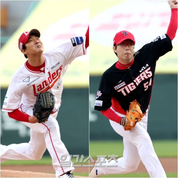 11일 인천SSG랜더스필드에서 열린 더블헤더 2차전에서 선발 맞대결을 펼친 양현종(왼쪽)과 김광현. IS 포토