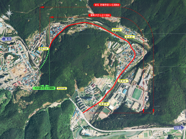 ▲ 강원 태백시가 절골에서 오투리조트를 거쳐 서학골을 잇는 폭 4m, 길이 13km에 달하는 아스콘 포장 산책로를 조성하고 있어 지역주민과 관광객들에게 건강·힐링 산책코스로 인기를 끌 것으로 전망된다. 협심교~양지마을~장성터널 구간 노선도.