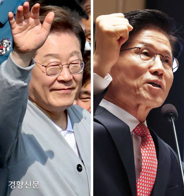 완성된 대진표…6월3일 향해 ‘번쩍’ ‘불끈’ 제21대 대통령 선거 공식 선거운동 시작을 하루 앞둔 11일 이재명 더불어민주당 대선 후보가 전남 영암군에서 지지자들에게 손을 들어 인사하고 있다(왼쪽 사진). 같은 날 김문수 국민의힘 대선 후보가 서울 여의도 국회에서 열린 의원총회에서 주먹을 쥔 채 발언하고 있다. 박민규 선임기자·한수빈 기자 parkyu@kyunghyang.com