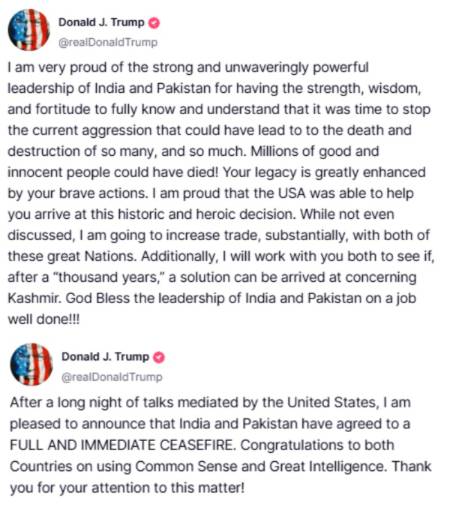 10일(현지시간) 도널드 트럼프 미국 대통령이 트루스소셜에 올린 인도-파키스탄 관련 게시물 /사진=트럼프 대통령 트루스소셜