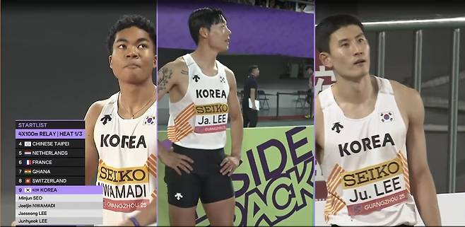 한국 신기록을 세운 남자 400ｍ 계주팀 왼쪽부터 나마디 조엘진, 이재성, 이준혁. 사진에 없는 1번 주자는 서민준. [세계육상연맹 홈페이지 캡처. 재판매 및 DB금지]