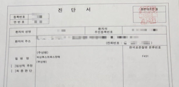 아동학대 의혹을 받은 수원시 한 어린이집에 다니던 A씨의 자녀(3세)가 지난 3월25일 받은 외상후스트레스장애 진단서. /A씨 제공
