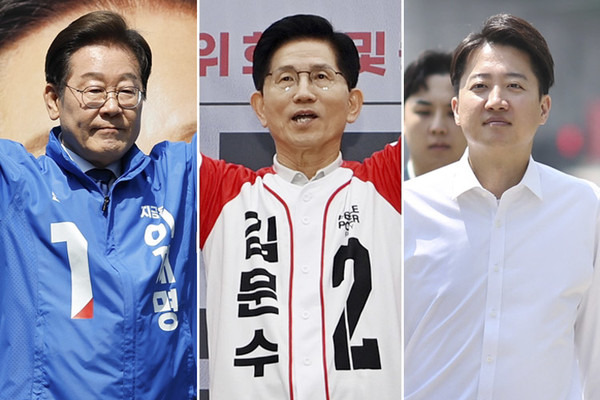 화문 청계광장에서 열린 중앙선대위 출정식 및 첫 유세에 나선 더불어민주당 이재명(왼쪽부터), 여의도 국민의힘 중앙당사에서 열린 중앙선대위 임명장 수여식에 참석한 국민의힘 김문수, 연세대학교 캠퍼스 방문한 개혁신당 이준석 대선 후보./연합뉴스