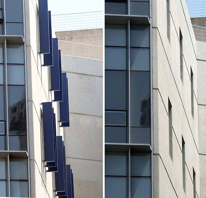 창원NC파크 야구장 외장 마감재 ‘루버’가 철거된 모습(오른쪽 사진). 왼쪽 사진은 철거 전 모습. 사진 | 창원-=연합뉴스