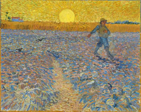 씨 뿌리는 사람(The Sower), 64 x 80㎝, 1888. 6, 고흐는 밀레의 오랜 존경을 담아 해당 그림을 그린다. 땅을 가르는 나무, 화면을 압도하는 태양, 프레임을 과감히 가로지르는 요소들은 모두 고흐 자신의 감각과 상상이 더해진 구성이다. 크뢸러 뮐러 미술관(Kroller-Muller Museum) 제공